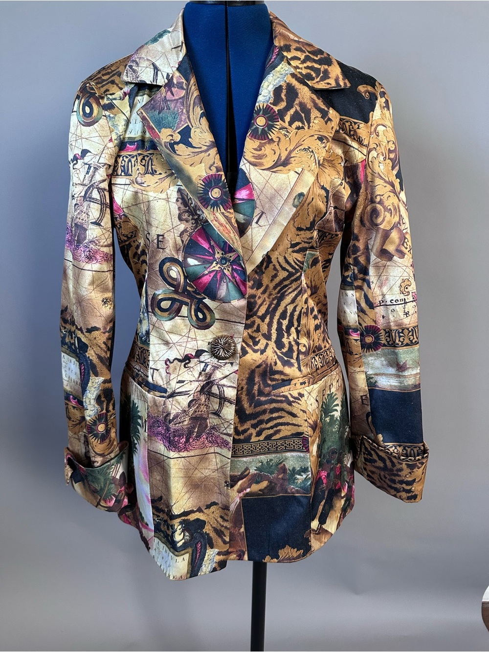 Vintage Tribal Global Safari Gold Multi-Patterned Printed Blazer Jacket